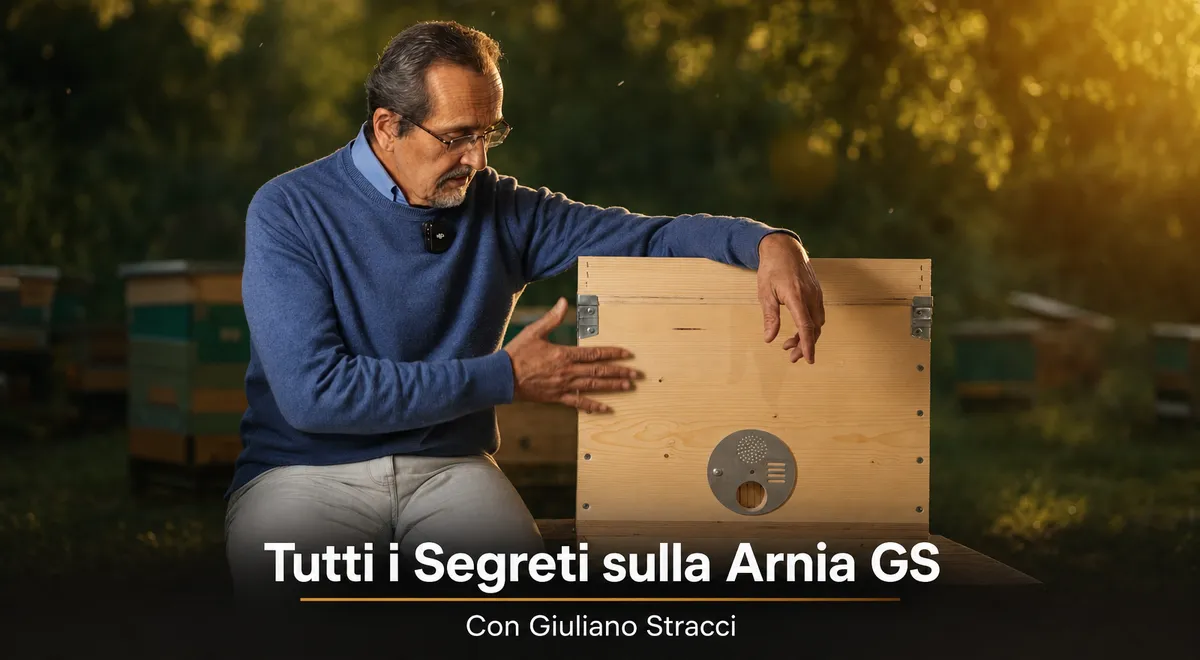 Un'arnia GS smontata sul banco, con i moduli del nido e del melario affiancati e il fondo mobile in primo piano
